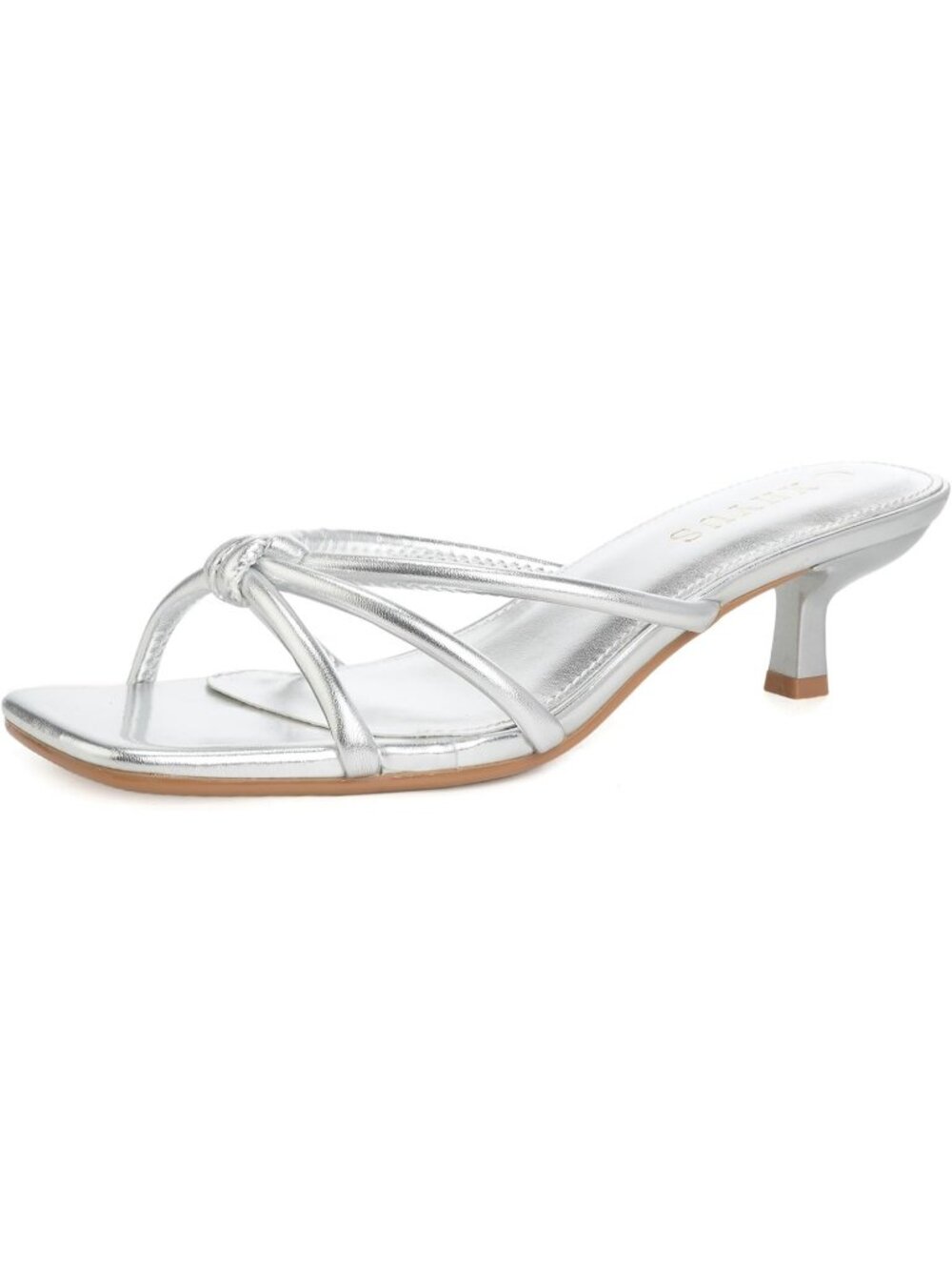Women's Silver Faux Leather Summer Spaghetti Strap Square Open Toe Fashion Heel